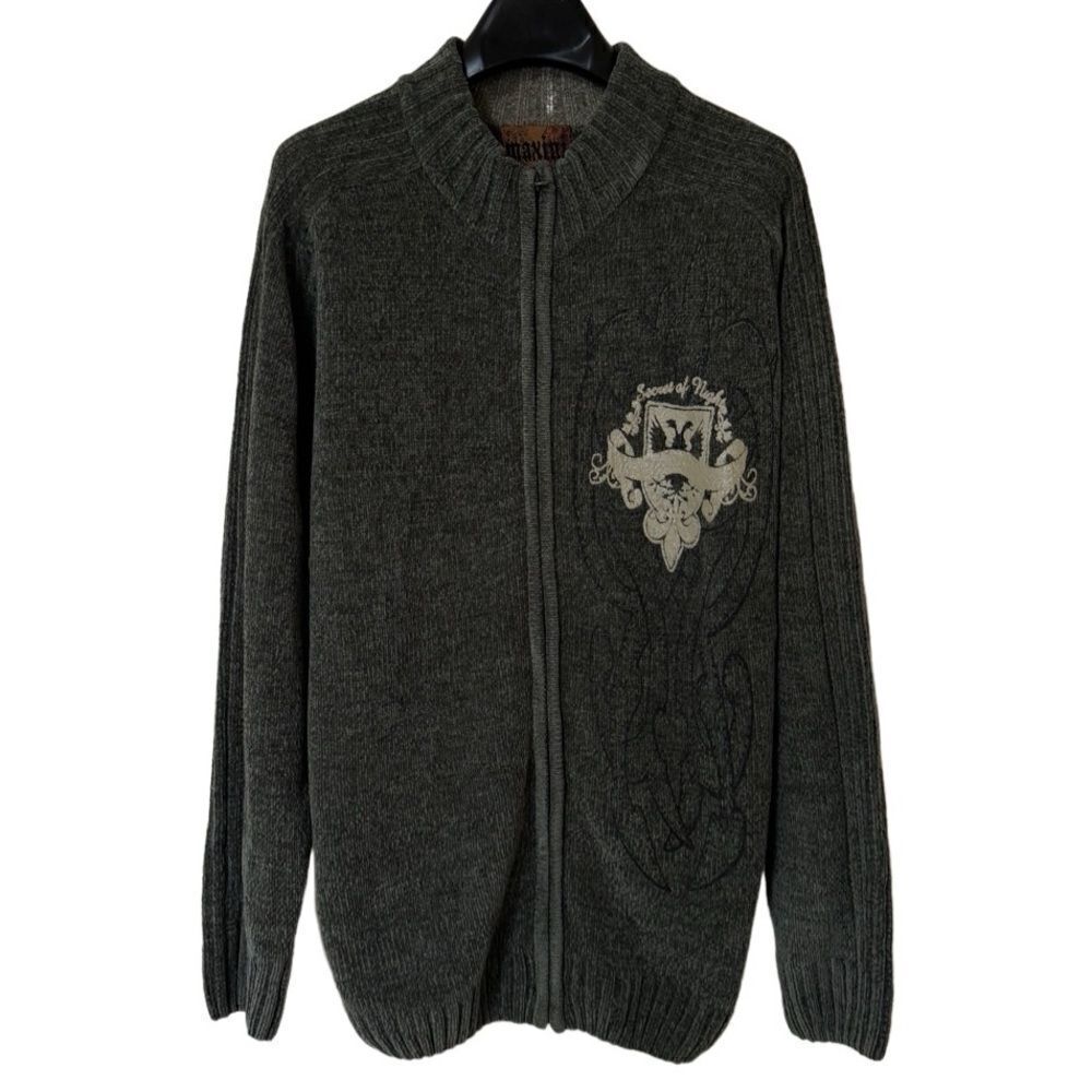 Maxini Men’s Vintage Olive Green Acrylic Chenille Full Zip Sweater Jacket Sz L